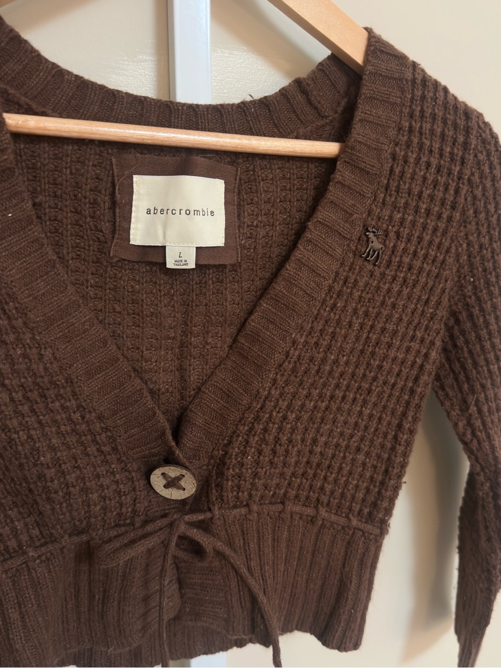 2000s Abercrombie Size L Brown Waffle Knit Tie Waist Cardigan Y2K moose - Picture 5 of 7
